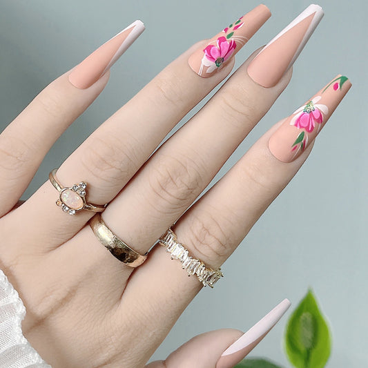Enchanted Garden Long Coffin Peach Press On Nails with Floral Accents