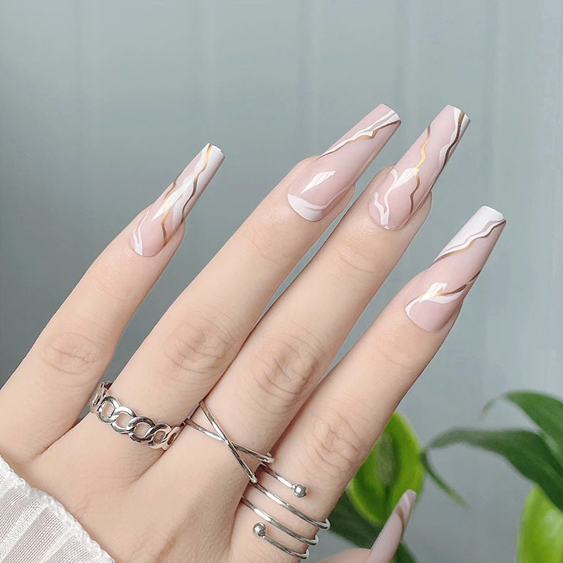 Elegant Marble Elegance Long Coffin Shaped Pink Press On Nails with Gold Accents