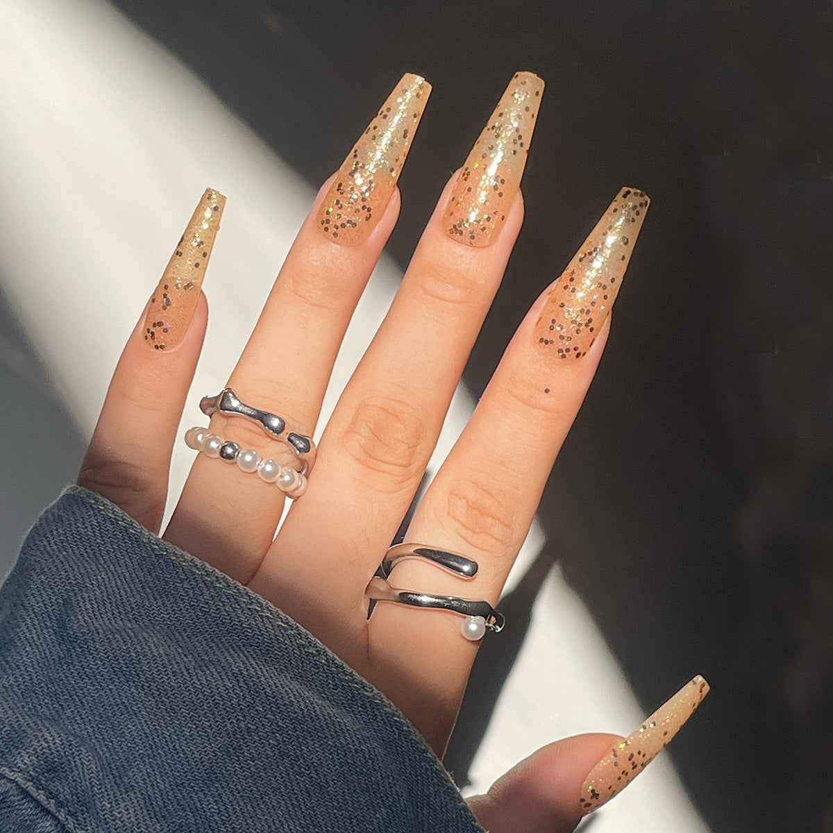 Elegant Evening Extra Long Coffin Beige Glitter Accented Press On Nail Set