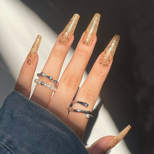 Elegant Evening Extra Long Coffin Beige Glitter Accented Press On Nail Set