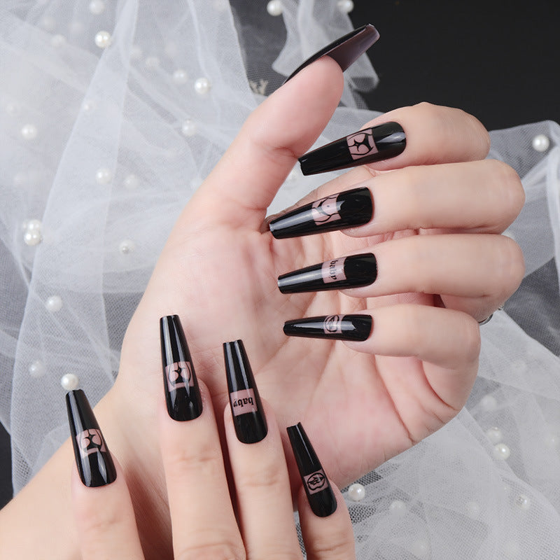 Fashionista Chic Extra Long Coffin Black Press on Nail Set with Elegant Brand Emblem Design