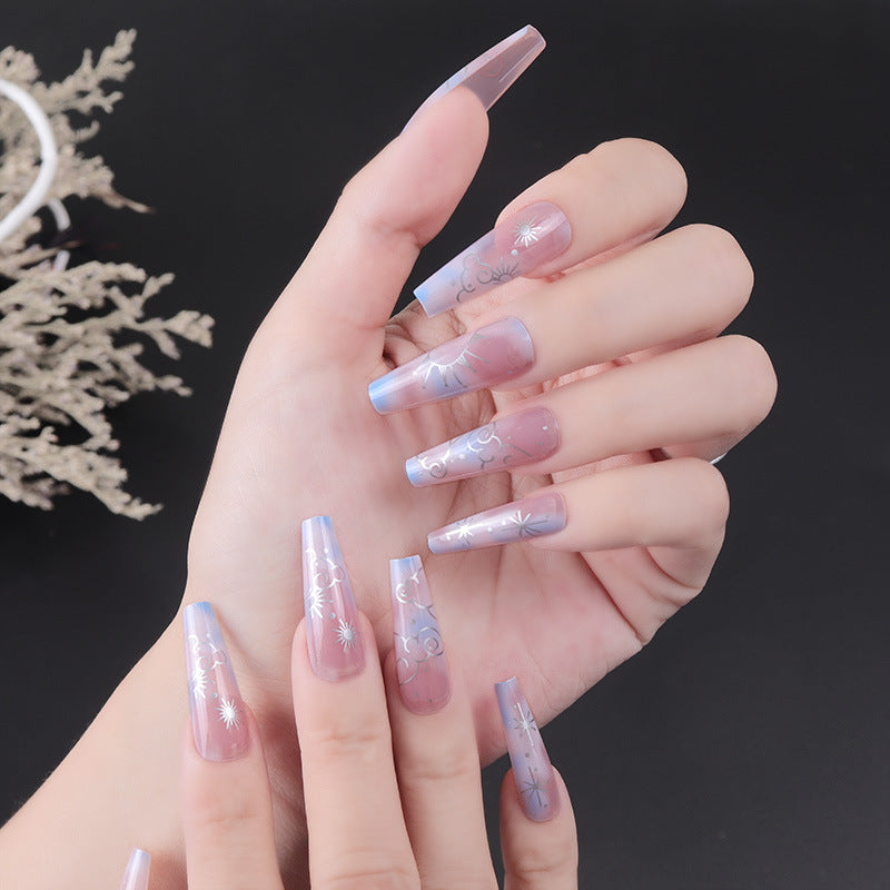 Enchanted Elegance Long Coffin Lavender Ombre Press On Nail Set with Dainty Floral Accents