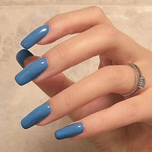 Quicksand Long Square Blue Glossy Press On Nails