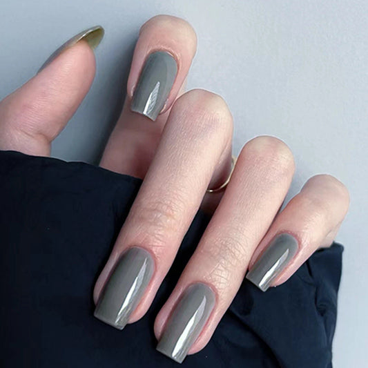 Cement Medium Square Gray Glossy Press On Nails