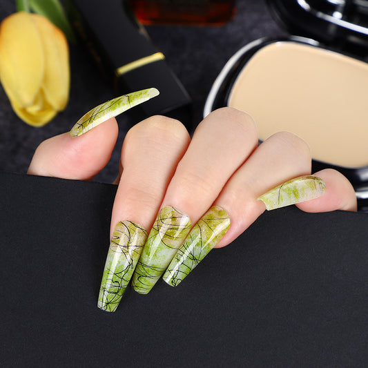 Botanical Bliss Long Coffin Green Marble Press On Nail Set with Unique Leaf Vein Pattern