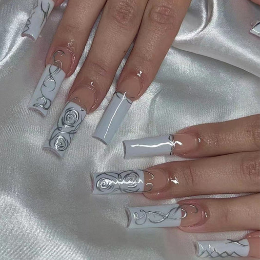 Sculpted Wires Long Square White Abstract Press On Nails