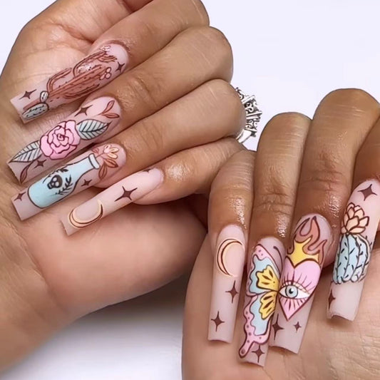 Forward Thinking Long Coffin Multicolor Abstract Press On Nails