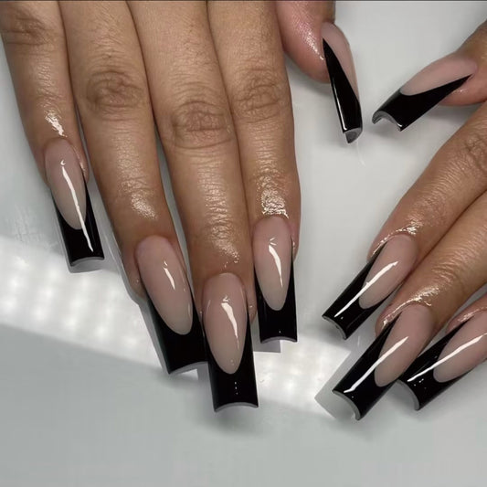 On Top Long Square Black Glossy Press On Nails