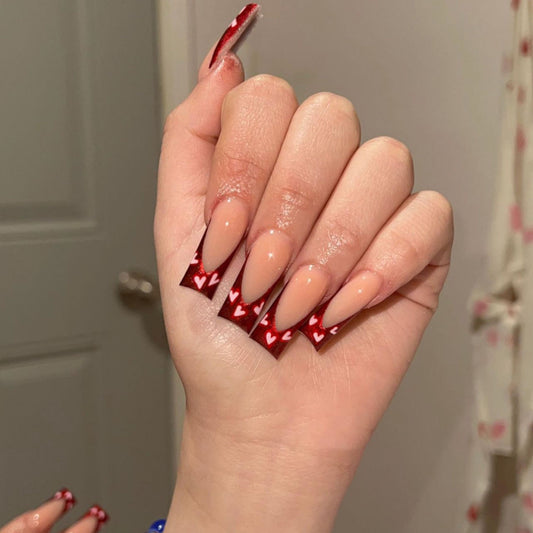 Romantic Rendezvous Extra Long Coffin Beige and Red Press-On Nails with Heart Accents