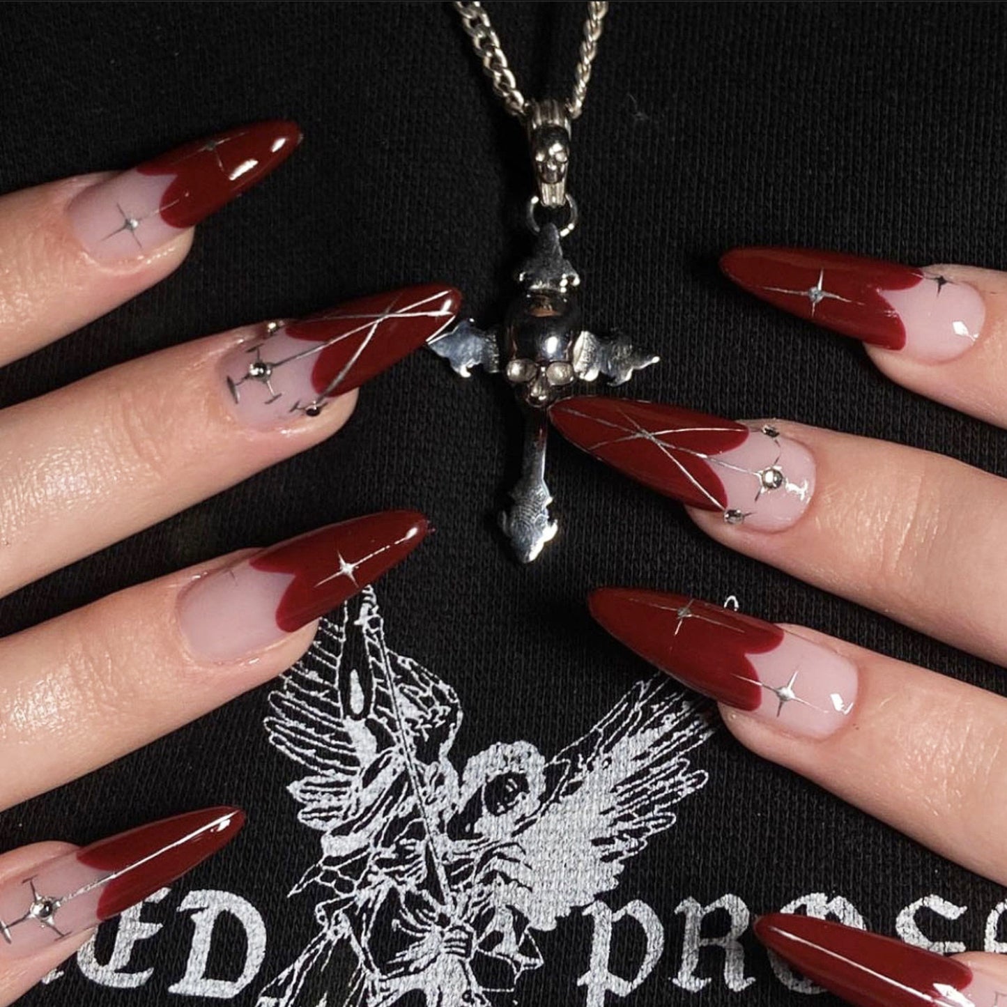 Gothic Glamour Long Stiletto Burgundy to Beige Ombre Press-On Nails with Silver Line Art and Rhinestones