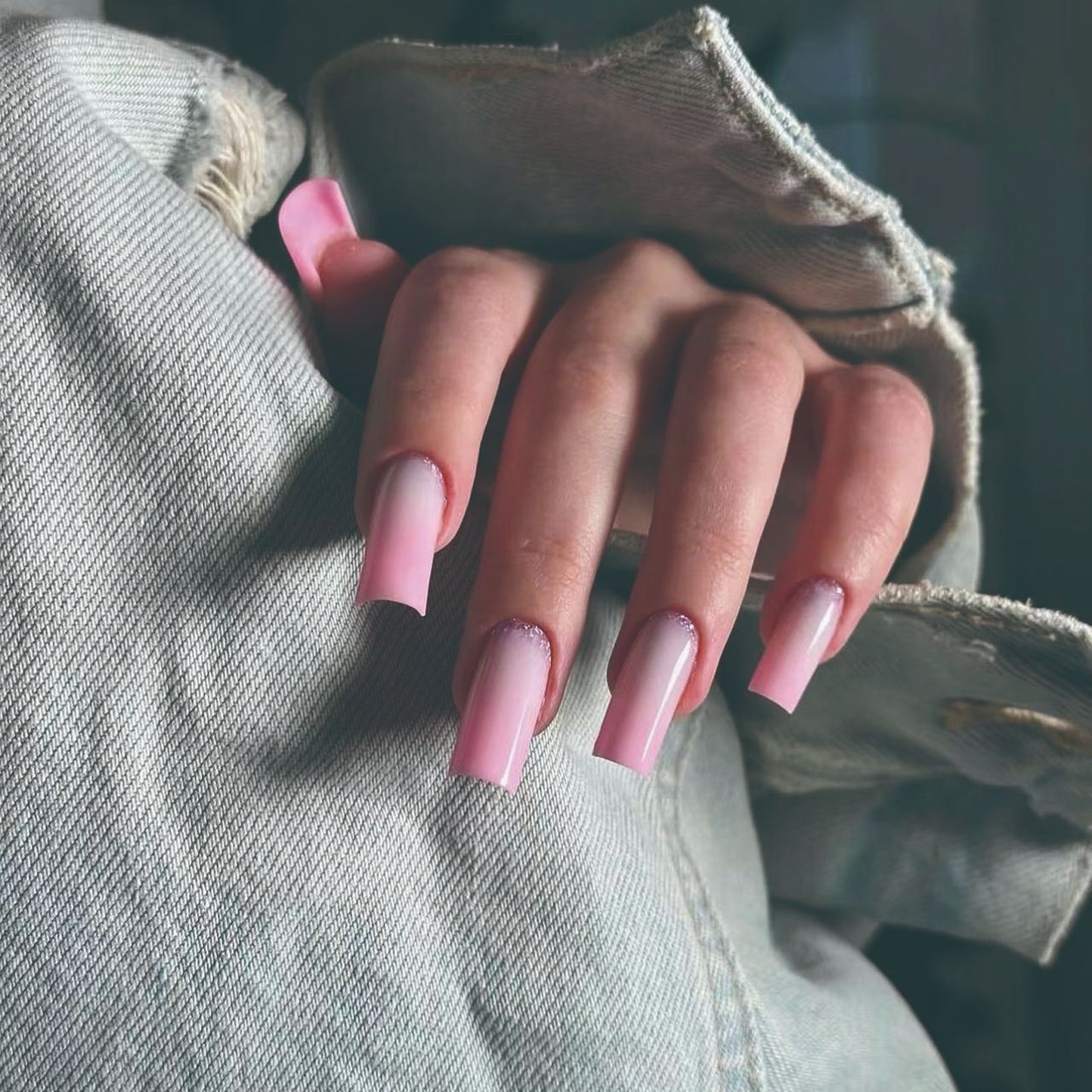 Elegant Evening Long Square Pink Press on Nails with Glitter Accent