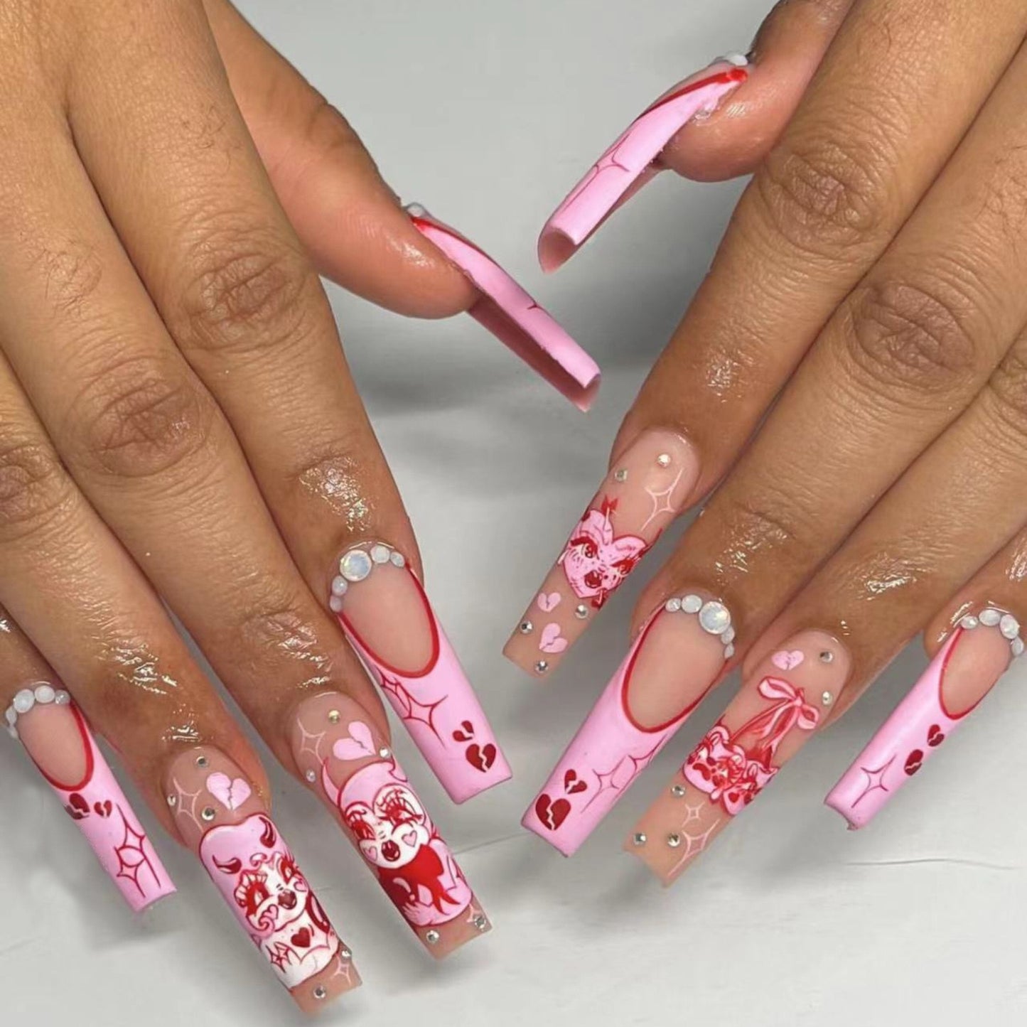 Valentine's Dream Extra Long Coffin Baby Pink Embellished Heart Press-On Nails Set