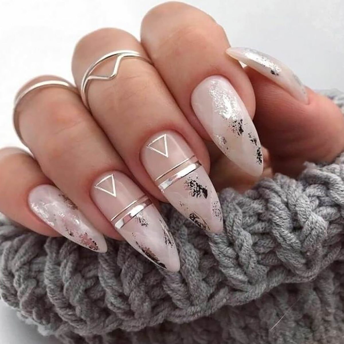 Wonder Medium Almond Pink Marble Press On Nails