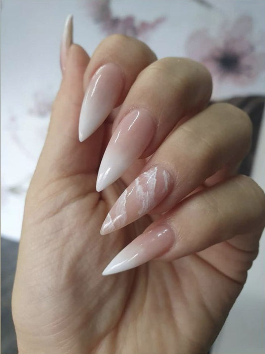 Elegant Bridal Long Stiletto Beige Pink Press On Nail Set with Marble Accent Feature