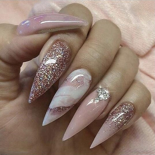 Bone In Medium Stiletto Pink Marble Press On Nails