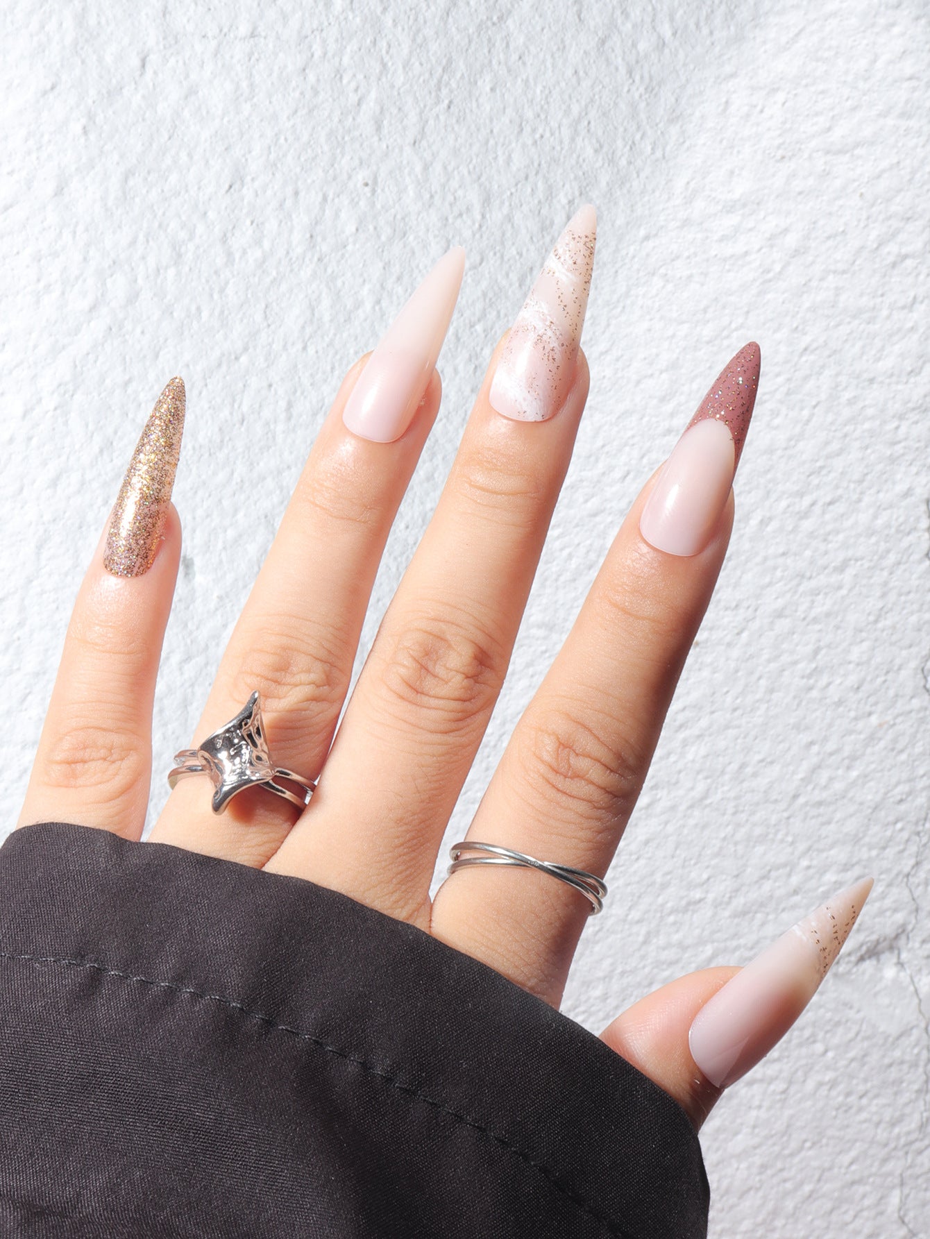 Elegant Glitter Ombre Extra-Long Almond Press On Nail Set in Beige and Brown with Sparkle Accents