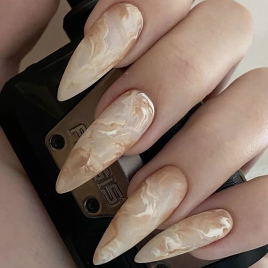 Roman God Long Almond Gold Marble Press On Nails