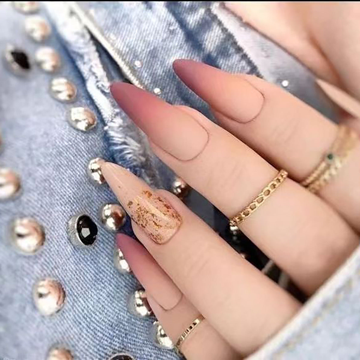 Chic Long Stiletto Beige Press-On Nails with Sparkling Gold Accents