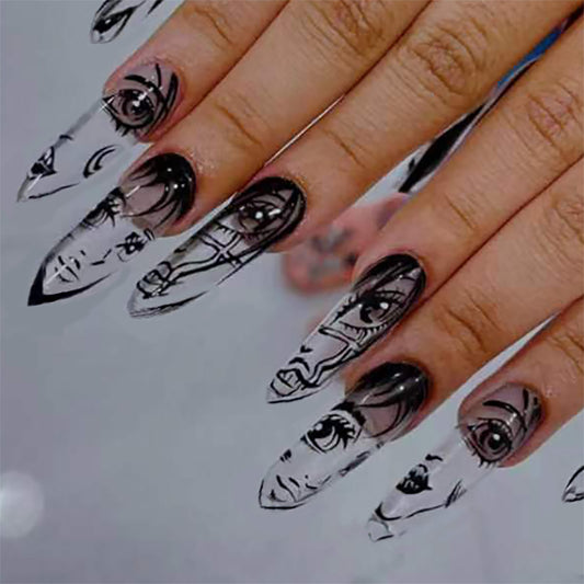 Artistic Flair Long Stiletto Transparent Press On Nails With Monochrome Face Sketch Design