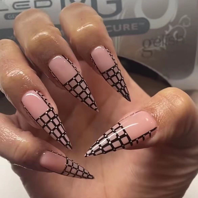 Chic Elegance Extra-Long Stiletto Pink Press On Nail Set with Grid Art Design