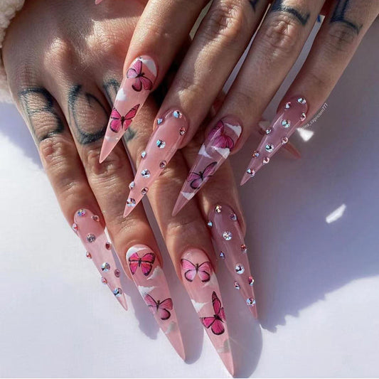 Butterfly Power Long Stiletto Pink Studded Press On Nails