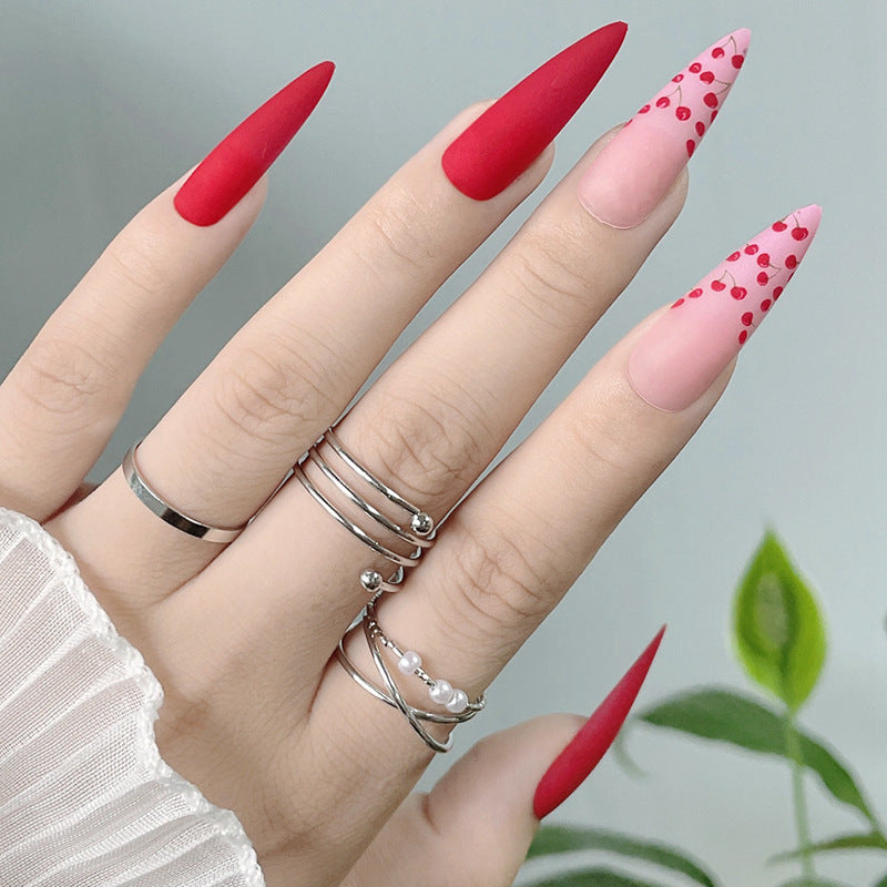 Valentine's Romance Long Stiletto Pink and Red Ombre Press On Nail Set with Polka Dot Accents