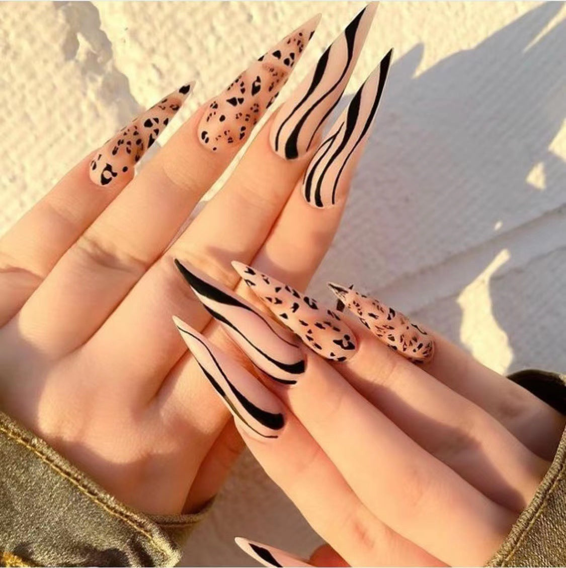 Safari Chic Extra Long Stiletto Beige Black Animal Print & Swirl Design Press On Nail Set
