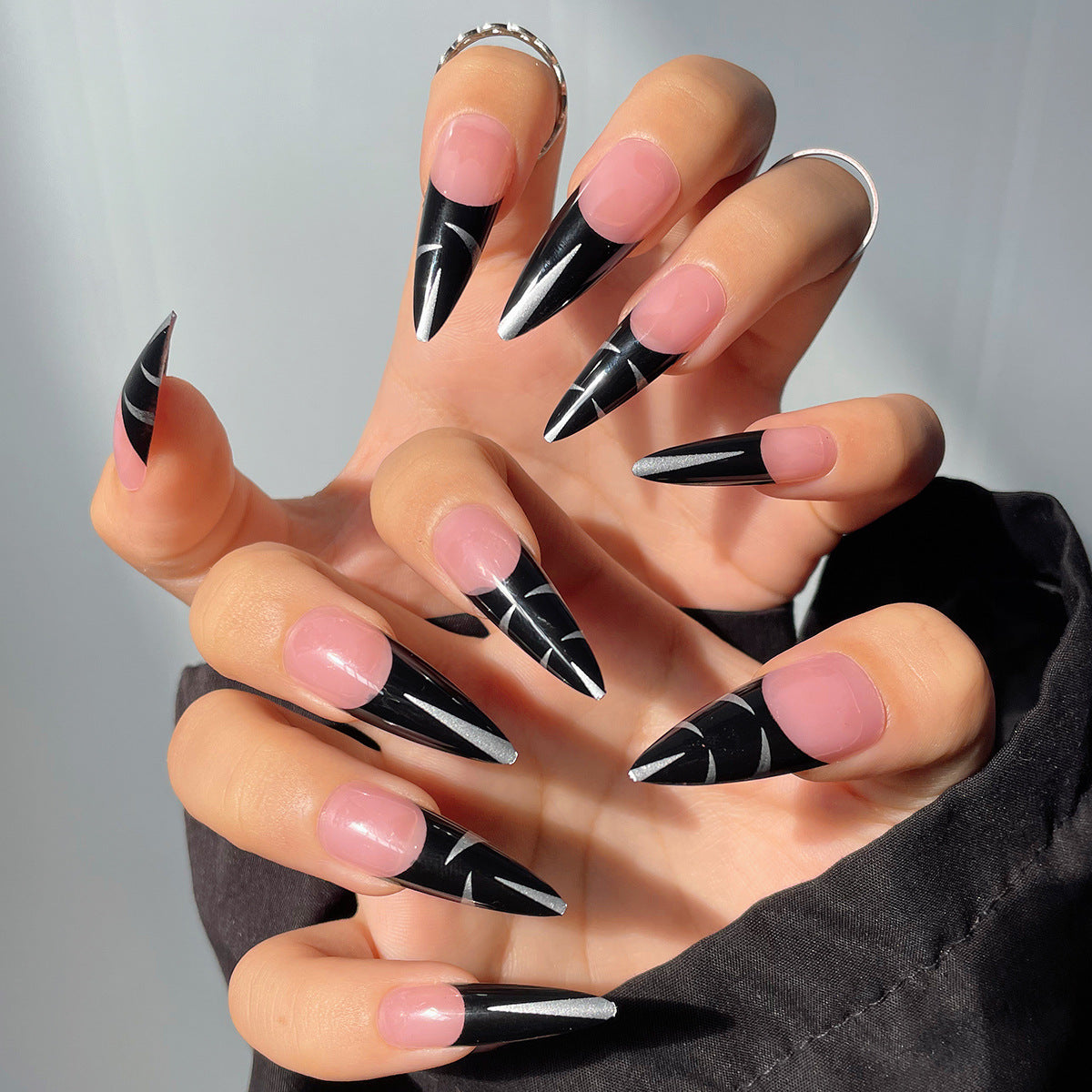 Gothic Glamour Extra-Long Stiletto Pink and Black Press On Nail Set with Geometric Design