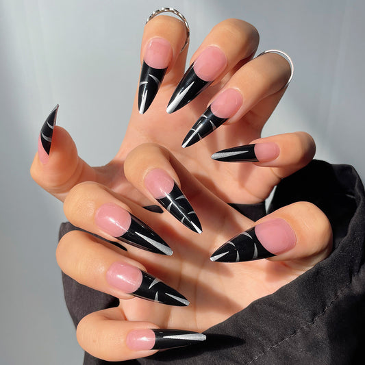 Gothic Glamour Extra-Long Stiletto Pink and Black Press On Nail Set with Geometric Design