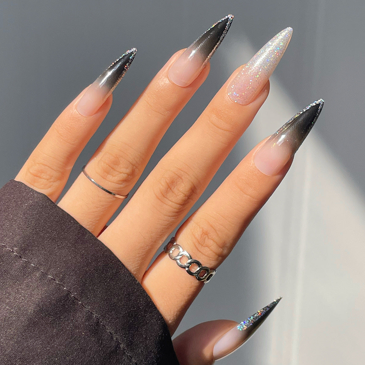 Starry Night Long Stiletto Gradient Black Glitter Press On Nail Set with Sparkling Accents