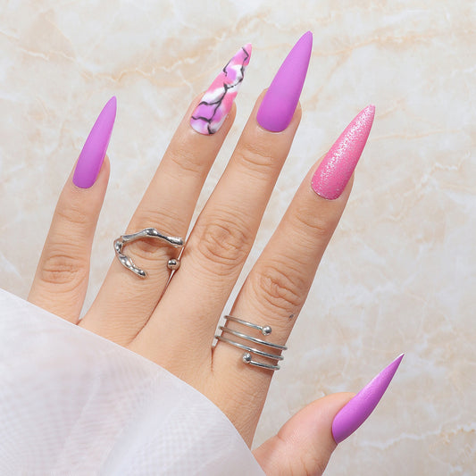 Elegant Marble Affair Long Stiletto Lavender and Pink Press on Nails with Glitter Accent