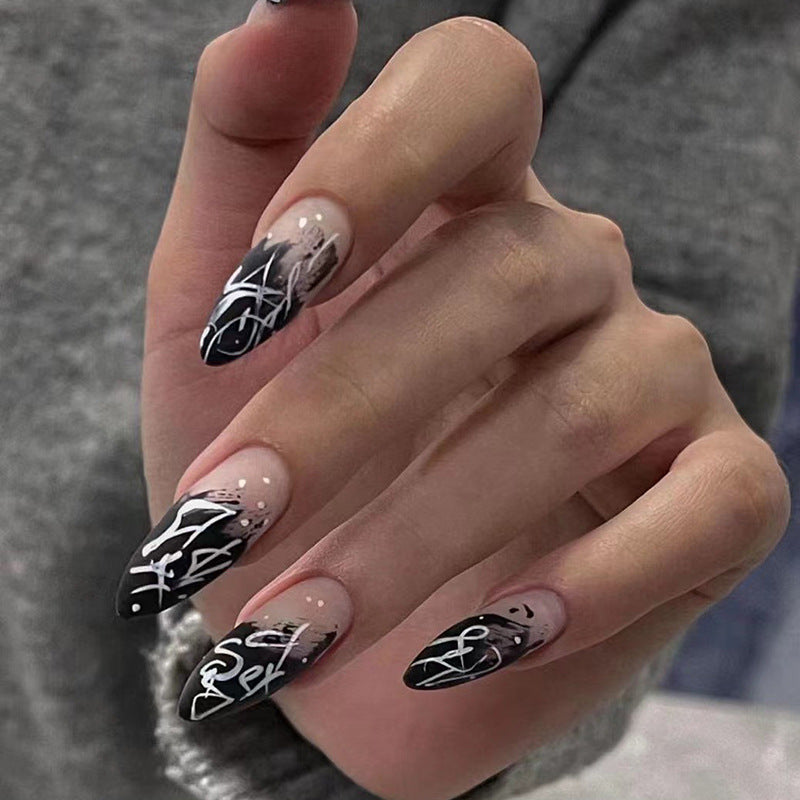 Gothic Glamour Extra Long Stiletto Black and Beige Press on Nails with Elegant White Abstract Art Design