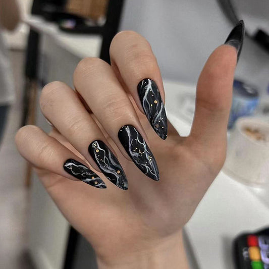 Get The Bag Medium Stiletto Black Marble Press On Nails