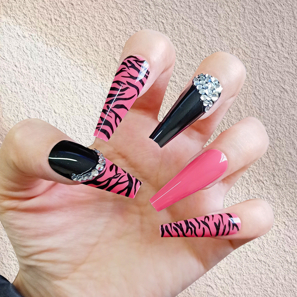 Wild Fuchsia Extra-Long Coffin Press-On Nails with Zebra Print and Rhinestone Accents