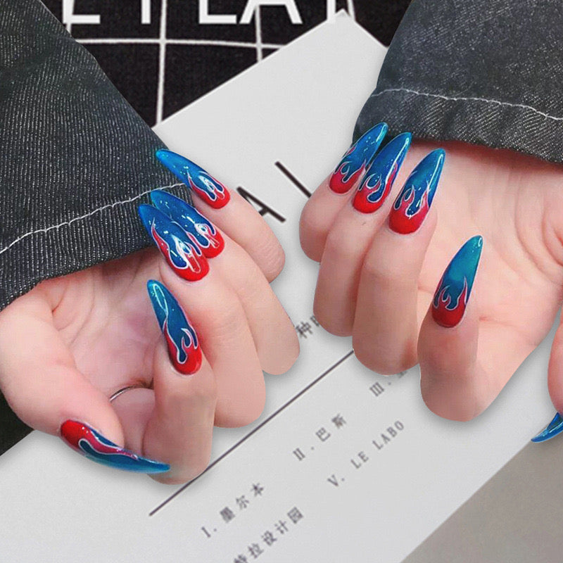 Urban Flame Extra Long Almond Blue to Red Ombre Press On Nails with Swirling Accent Design