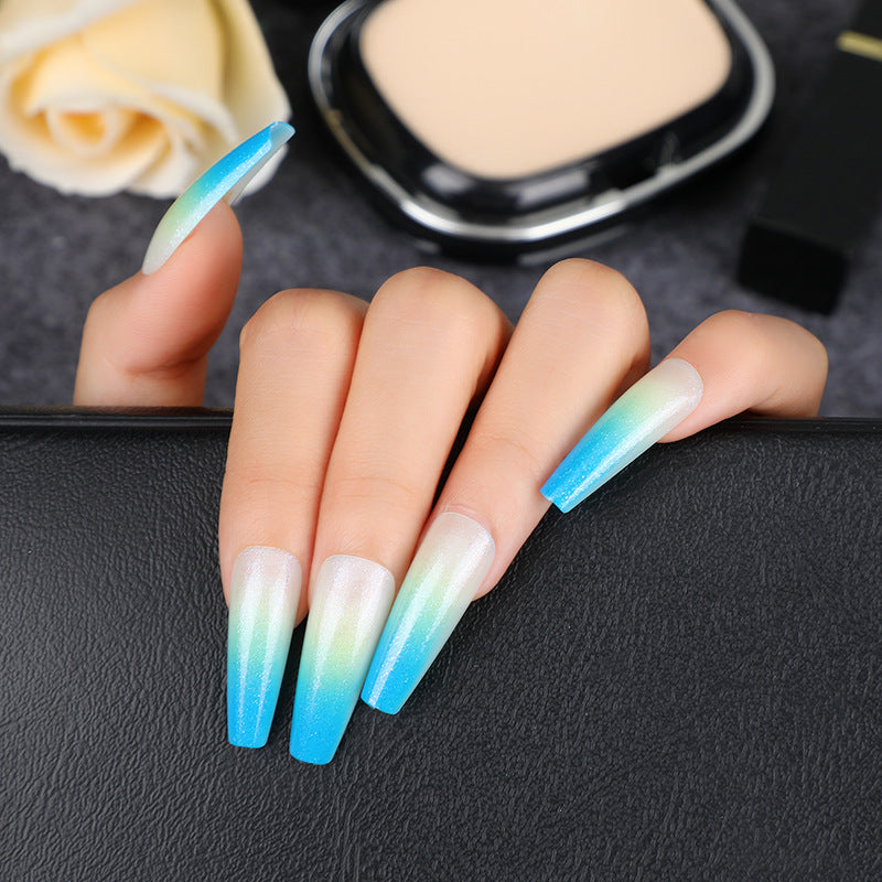 Summer Breeze Long Coffin Gradient Blue Ombre Press-On Nail Set with Glitter Detail
