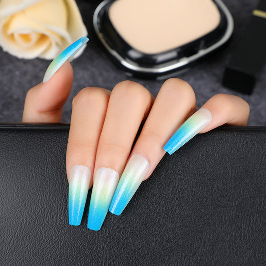 Summer Breeze Long Coffin Gradient Blue Ombre Press-On Nail Set with Glitter Detail