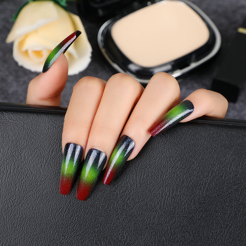 Enchanted Forest Long Coffin Multicolor Ombre Press On Nail Set with Shimmer Finish