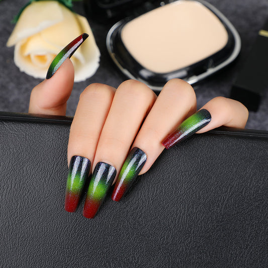 Enchanted Forest Long Coffin Multicolor Ombre Press On Nail Set with Shimmer Finish