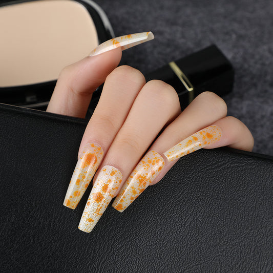Autumn Splendor Long Coffin Orange Glitter Press On Nail Set with Gold Fleck Accents