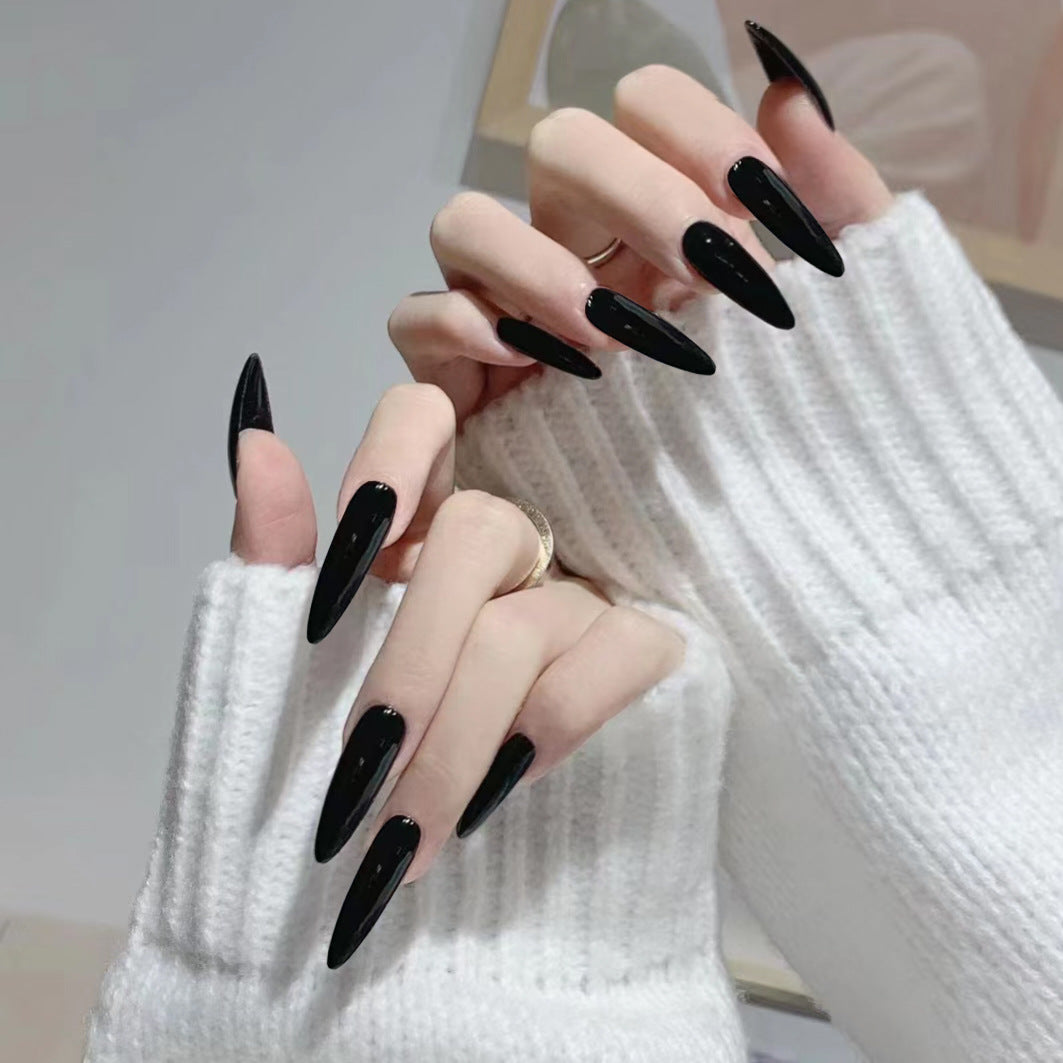 Embraced Long Almond Black Glossy Press On Nails