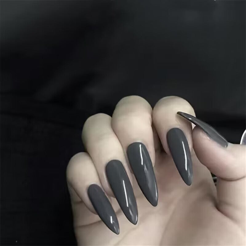 Pushing More Long Almond Gray Glossy Press On Nails