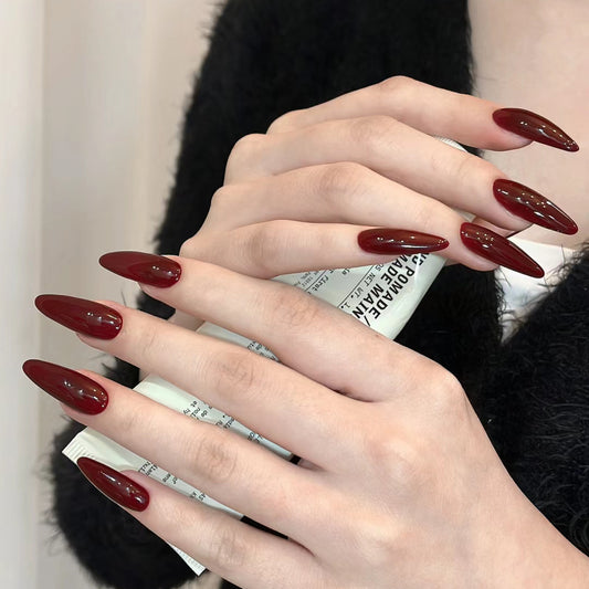 Classic Bordeaux Long Almond Press-On Nails Set with Glossy Finish and Deep Color