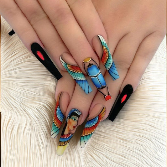 Egyptian Elegance Long Coffin Multicolored Press On Nails with Scarab Beetle Design