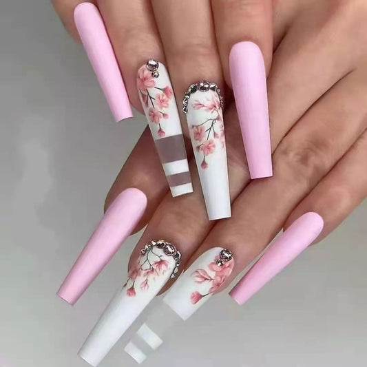 Cherry Blossom Elegance Extra-Long Coffin Shape Pink and White Floral Design Press On Nail Set with Rhinestone Accents