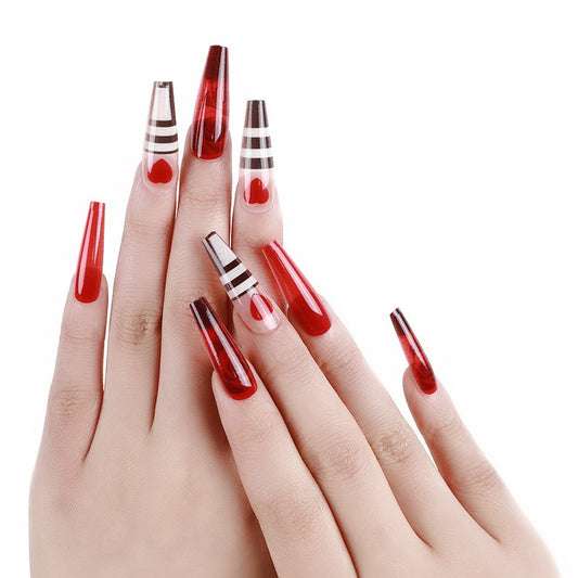 Parisian Chic Long Coffin Red Press on Nails with Nautical Stripe Accents