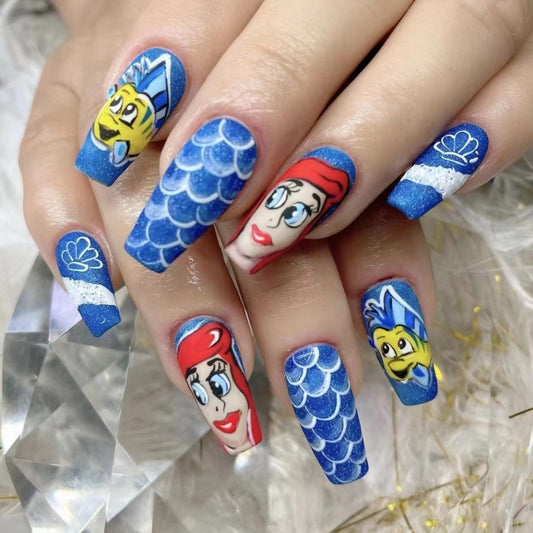 Mermaid Fantasy Long Coffin Blue Press On Nail Set With Sparkling Glitter Accents And Character Art