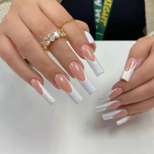 Elegant Bridal Collection Long Square Shape Press On Nail Set in Pink and White Glitter Gradient Finish