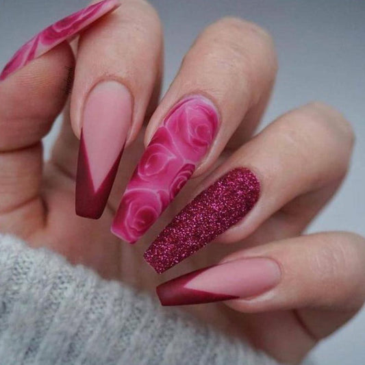 Barbie Rose Long Coffin Red Glitter Press On Nails