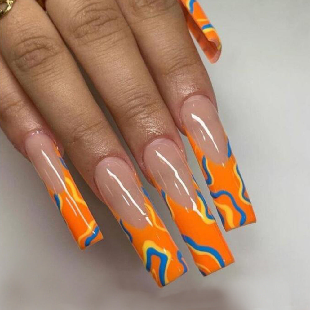 Feeling It Long Square Orange Marble Press On Nails